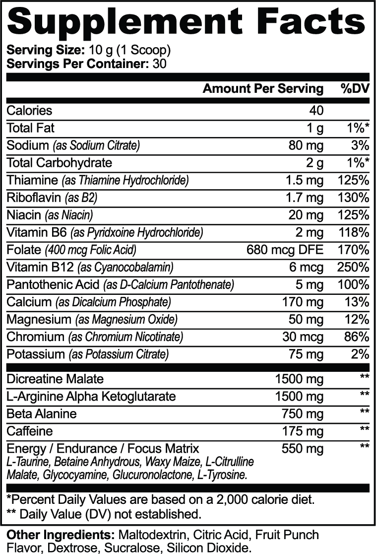 Datos del suplemento — Pre-entreno Nitric Shock en polvo (ponche de frutas)